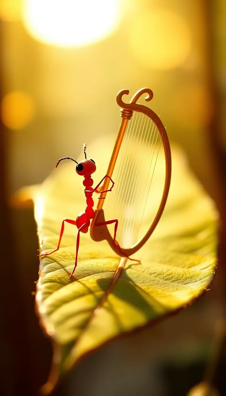Red Ant Playing A Golden Harp On A Leaf