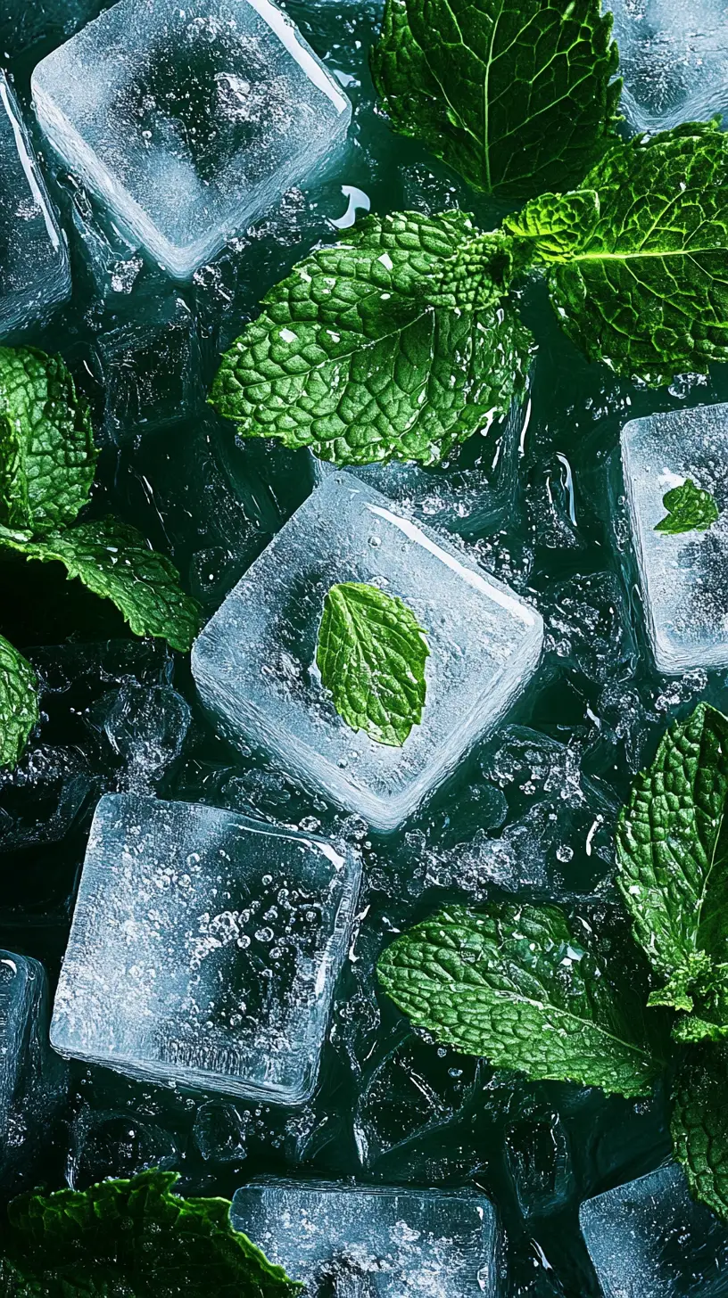 Close up mint leaves and ice cubes with water droplets
