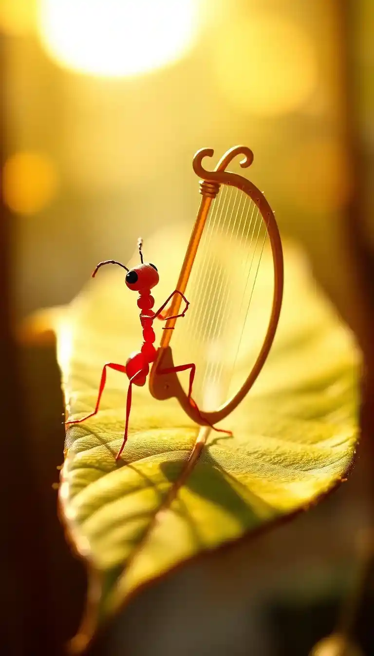 Red Ant Playing A Golden Harp On A Leaf