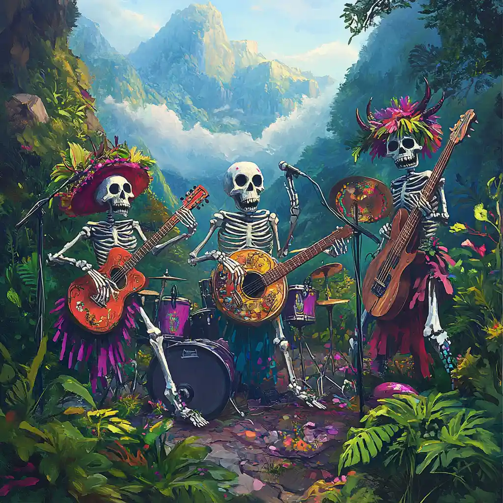 Grim reaper band playing tropical instruments in mountains
