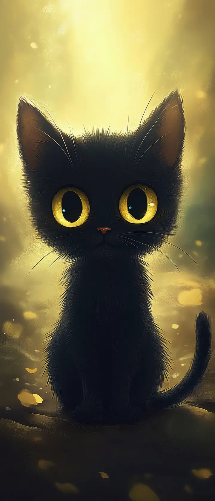 Tiny black chibi cat with golden eyes looking up