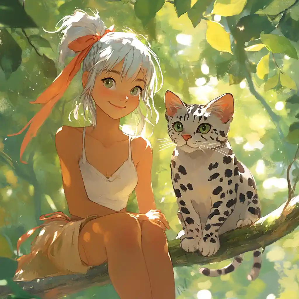 Anime girl and cat smiling together on a sunlit branch