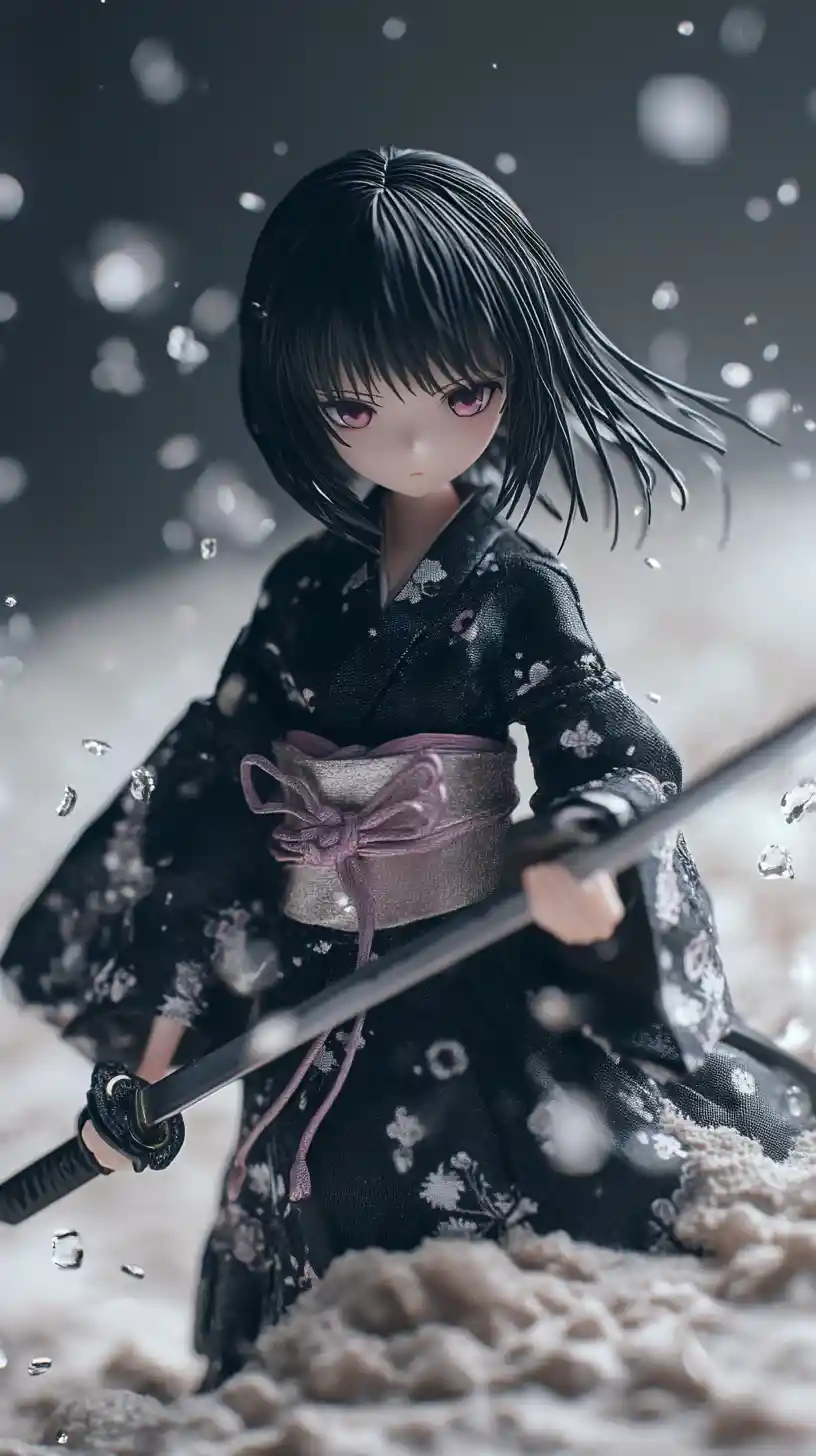 Angry anime girl figurine with sword in the sand
