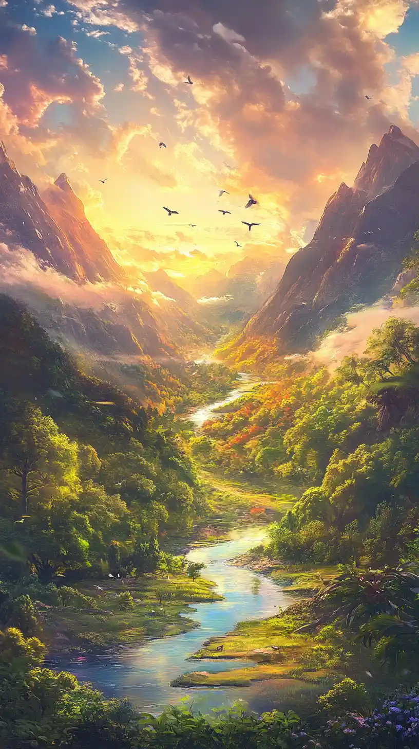 Sunset landscape of a hidden valley with winding river