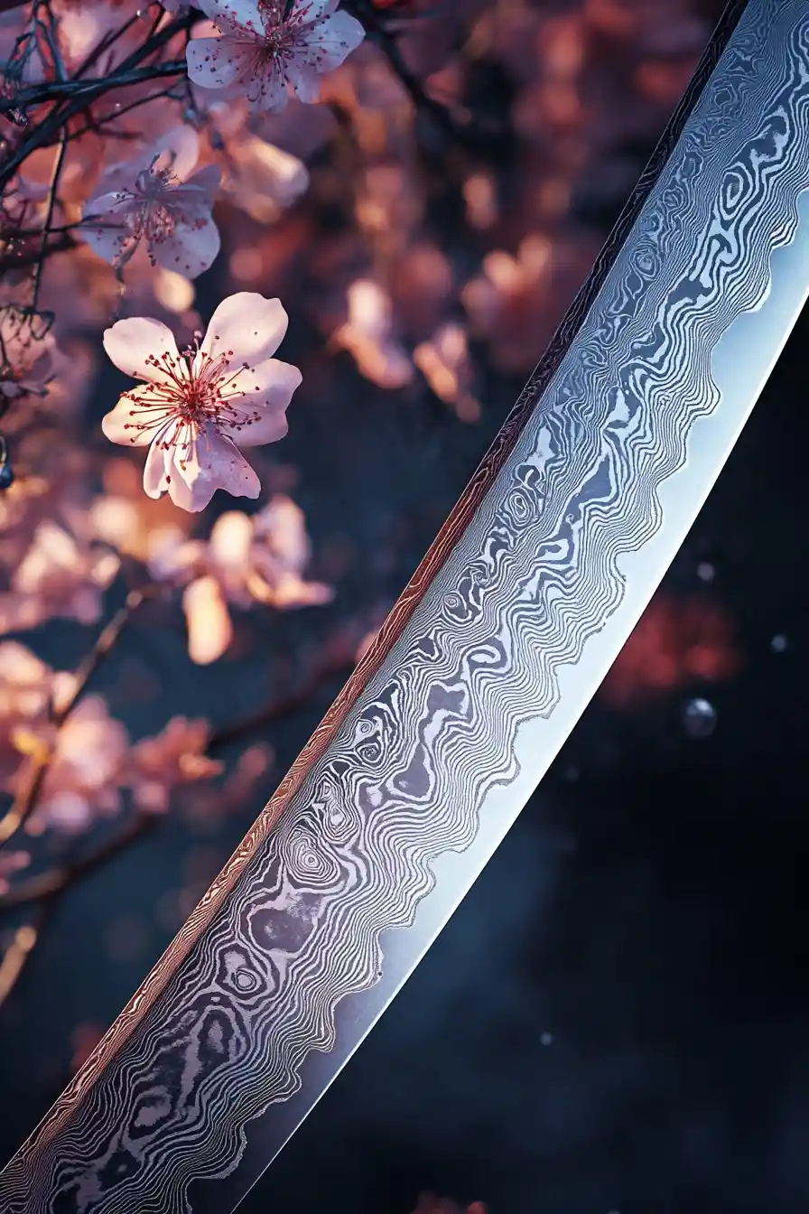 Damascus sword with intricate rippling patterns and flowers