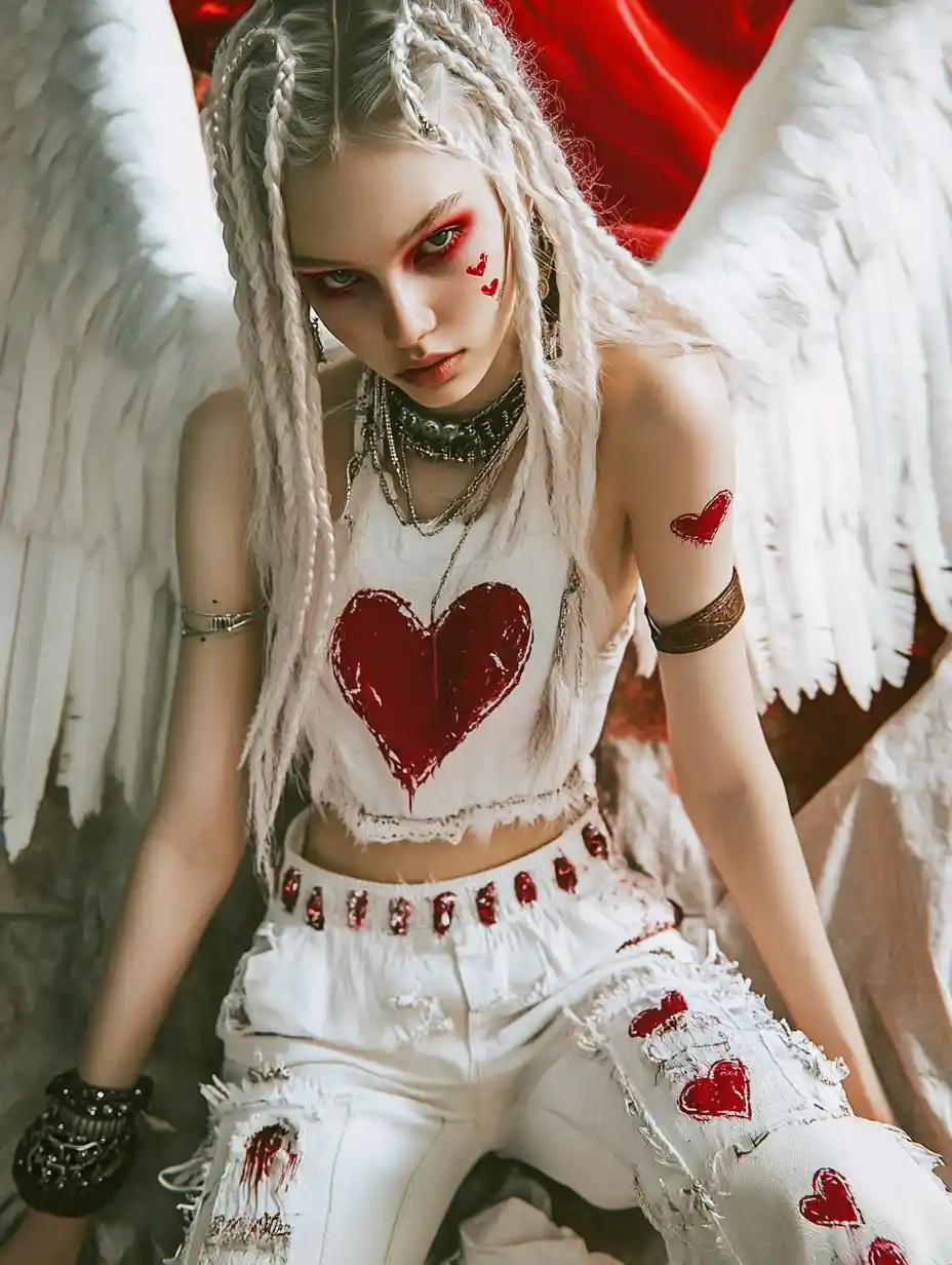 Silver braided angelic woman with white wings sitting