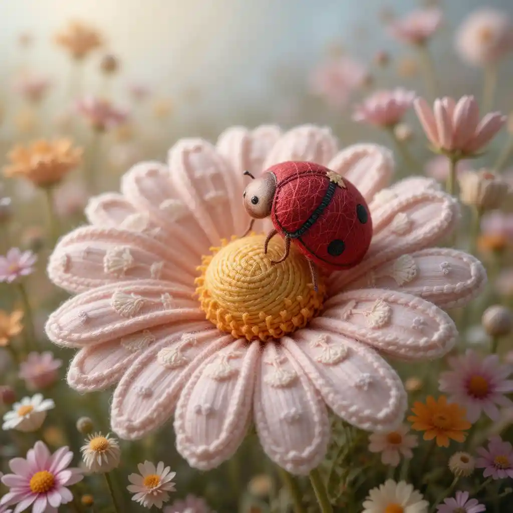 Handcrafted Wool Ladybug Toy On Pastel Crocheted Daisy