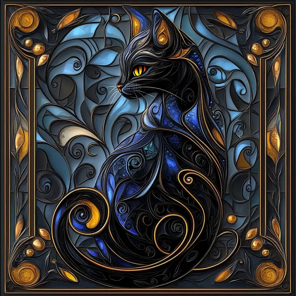 Stylized black cat stained glass decorative art panel