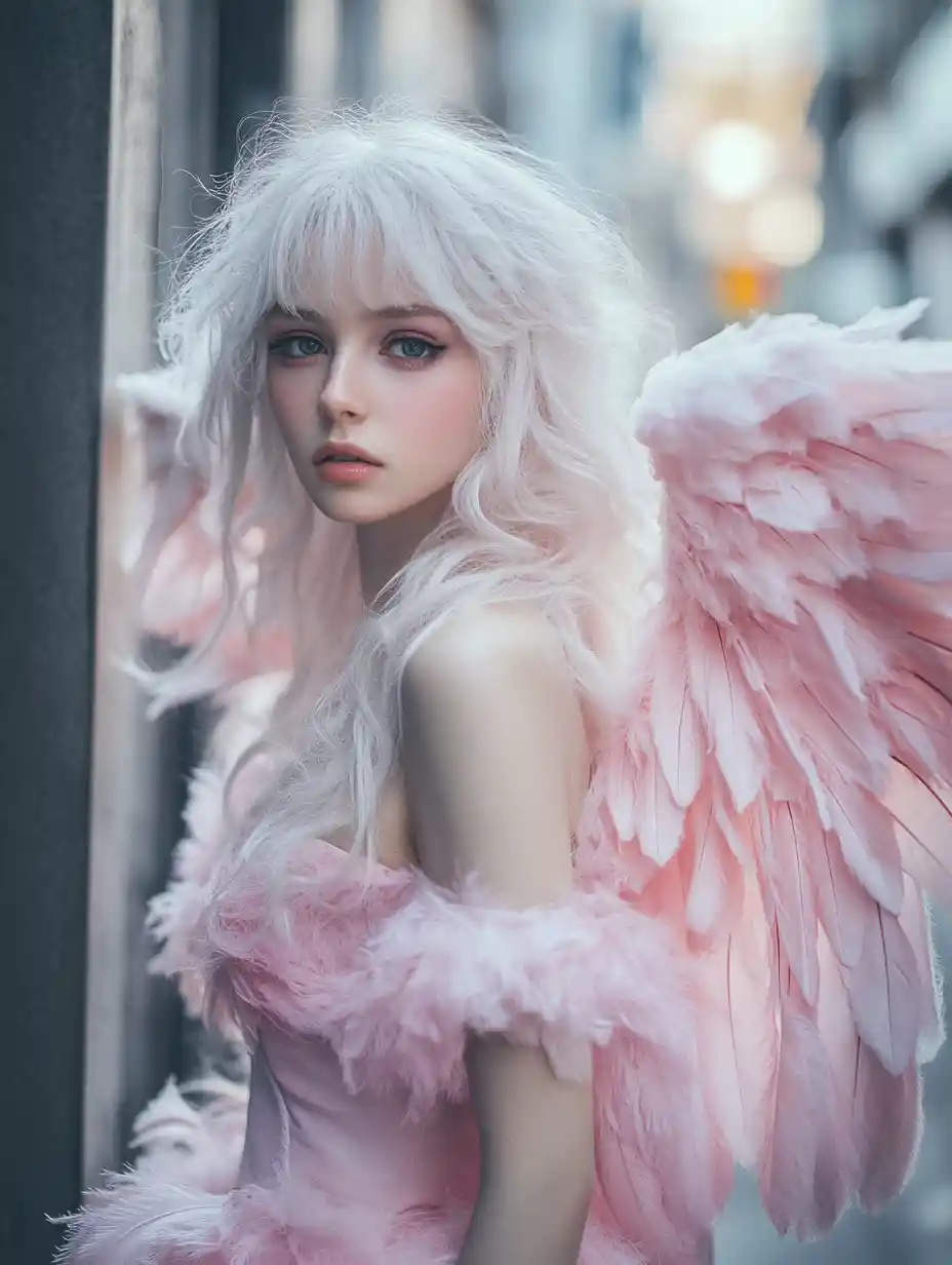 Dreamy white haired angel girl on city street at dusk