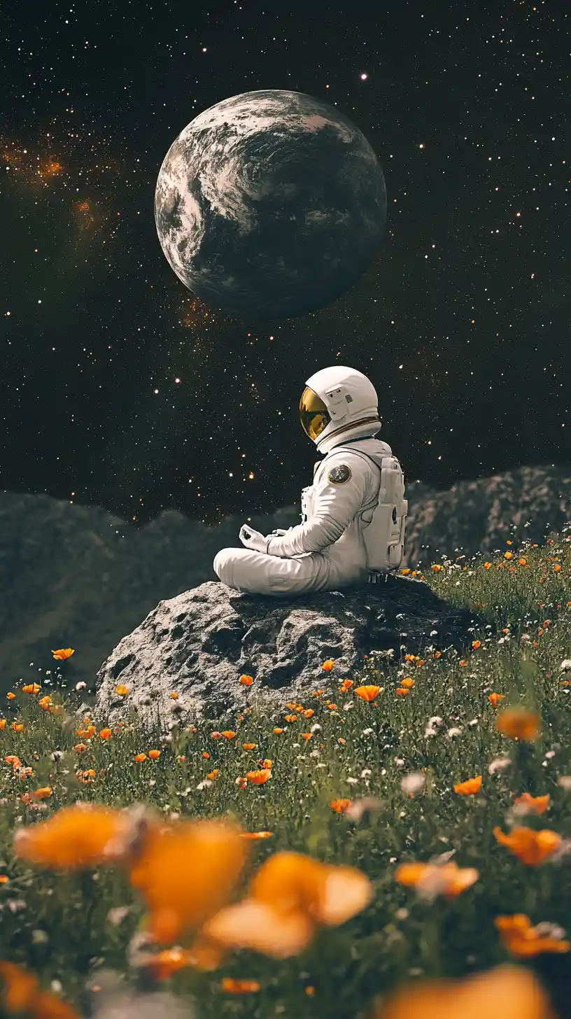 Astronaut Meditating Alone On Rock In Distant Meadow