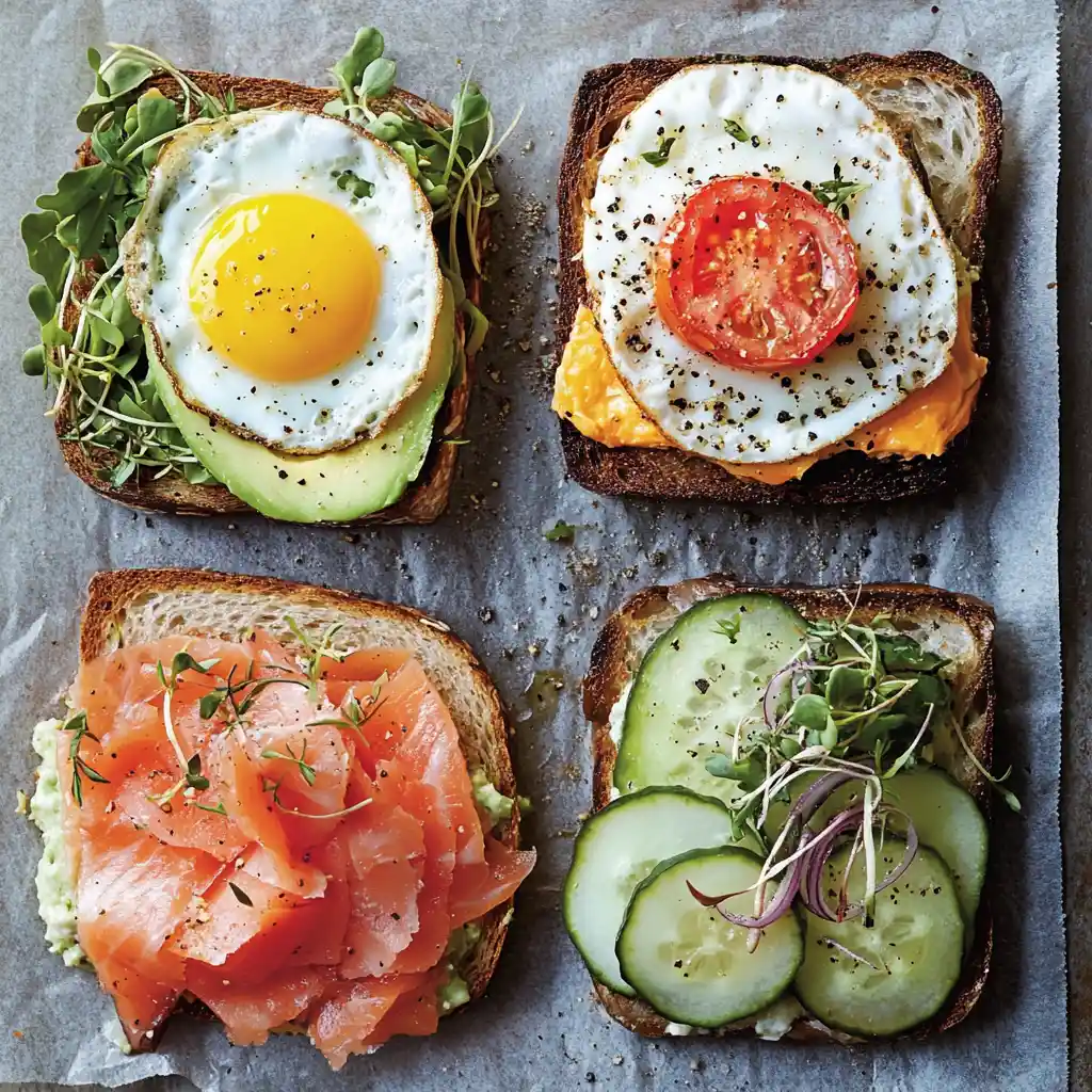Assorted open faced sandwiches on rustic parchment paper