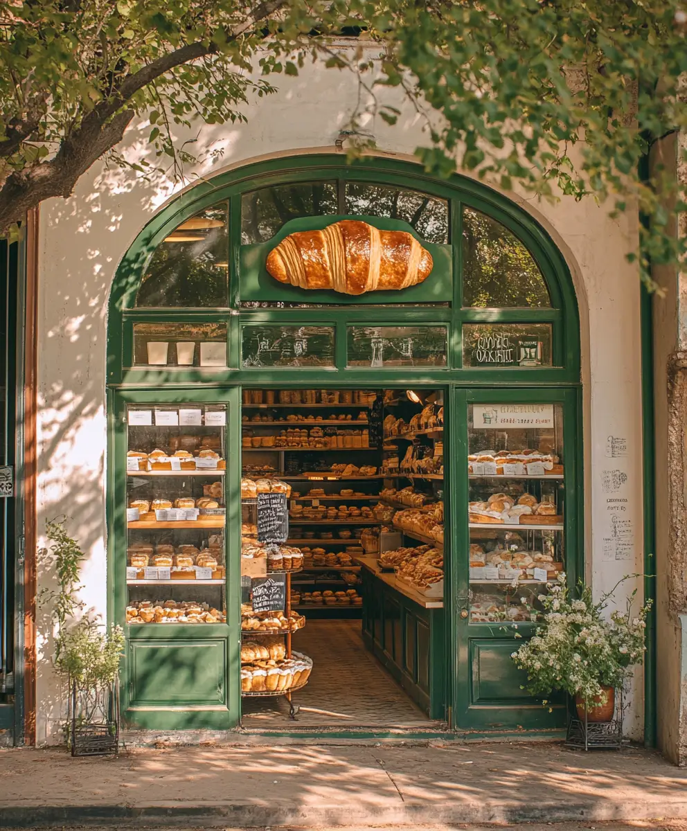 Charming bakery storefront with pastries and green facade