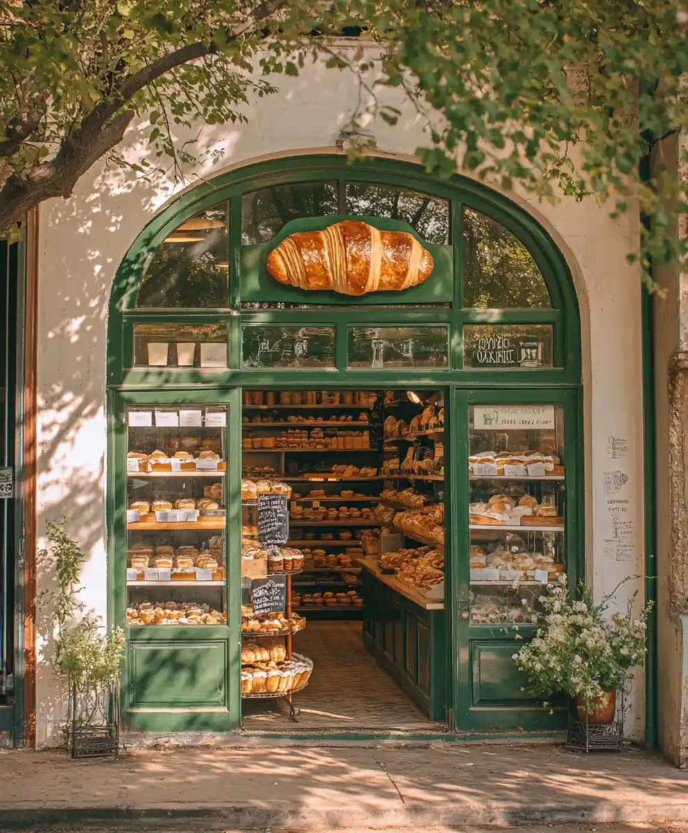 Charming bakery storefront with pastries and green facade