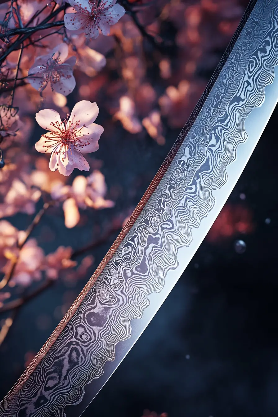 Damascus sword with intricate rippling patterns and flowers
