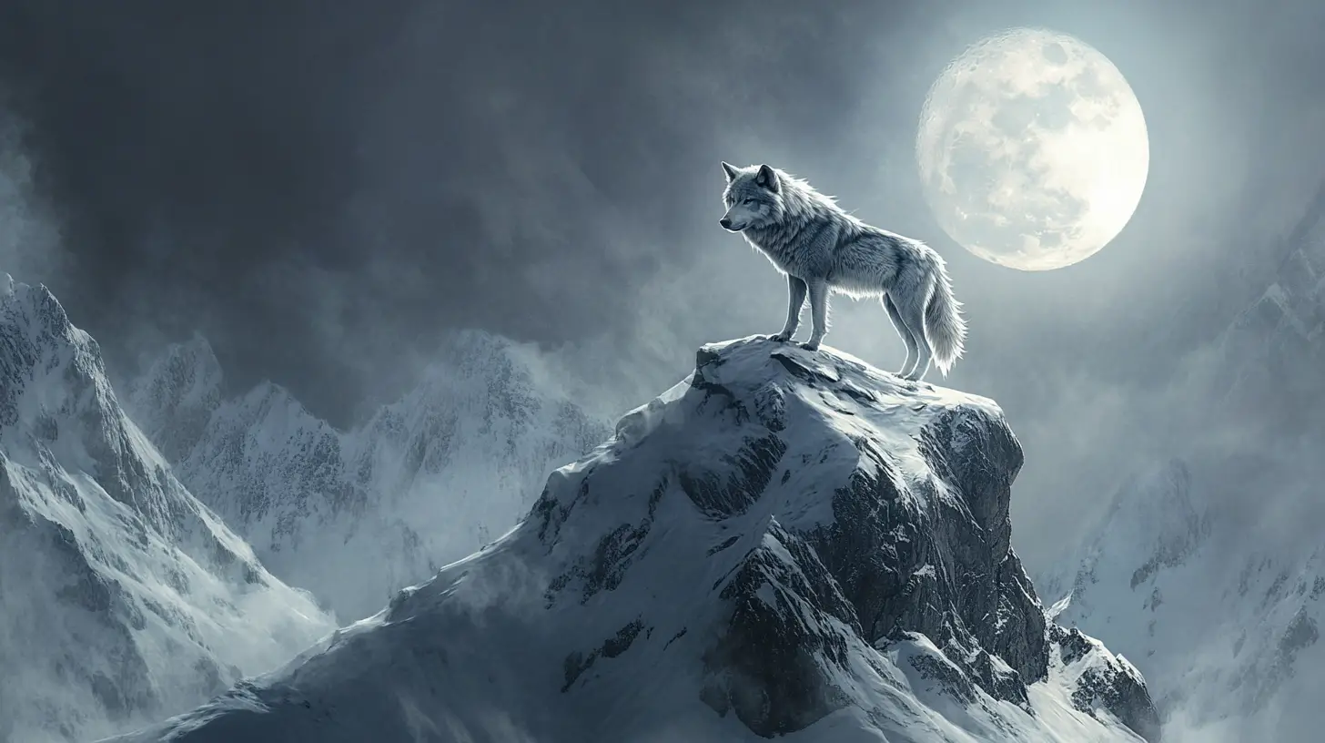 Lone gray wolf on snowy mountain under full moon