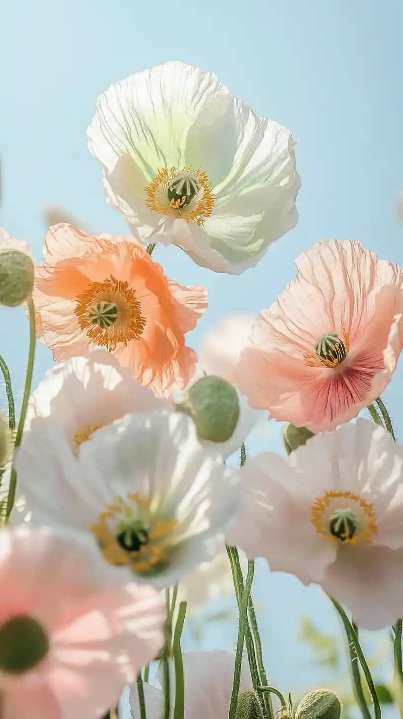Delicate poppies and peonies against a soft blue sky