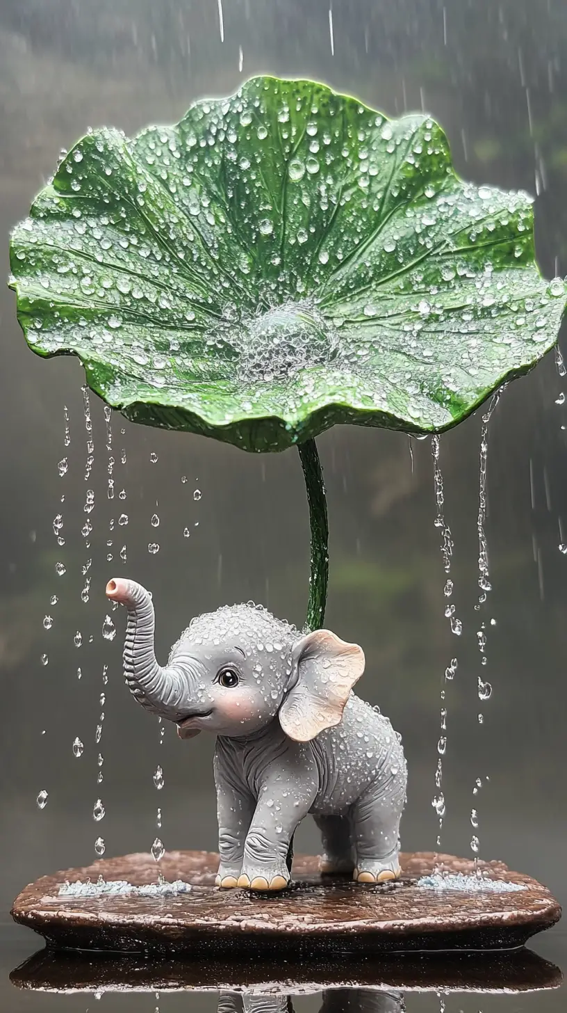 Cute baby elephant under lotus leaf umbrella illustration