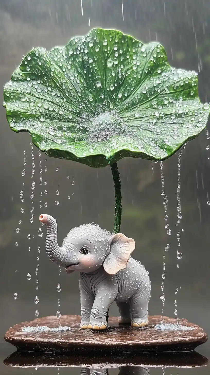 Cute baby elephant under lotus leaf umbrella illustration