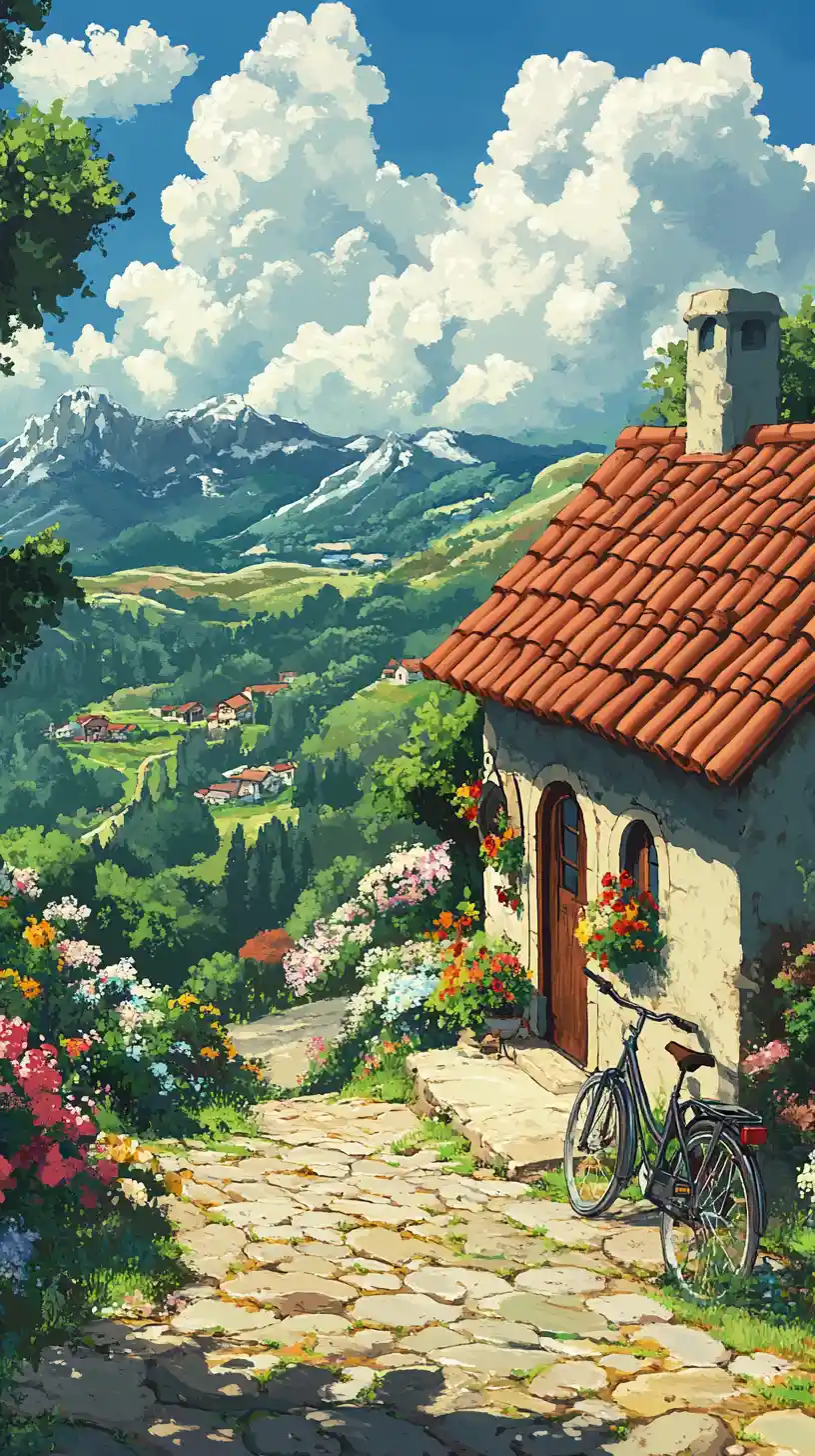 Anime bakery on a quiet village road with mountains