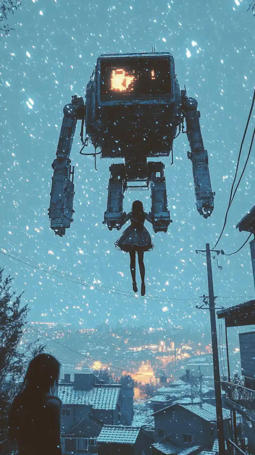 Retro robot carrying a woman above suburban homes