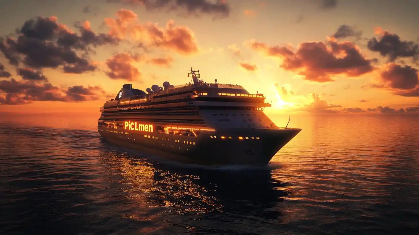 Realistic cruise ship at sea under warm sunset sky