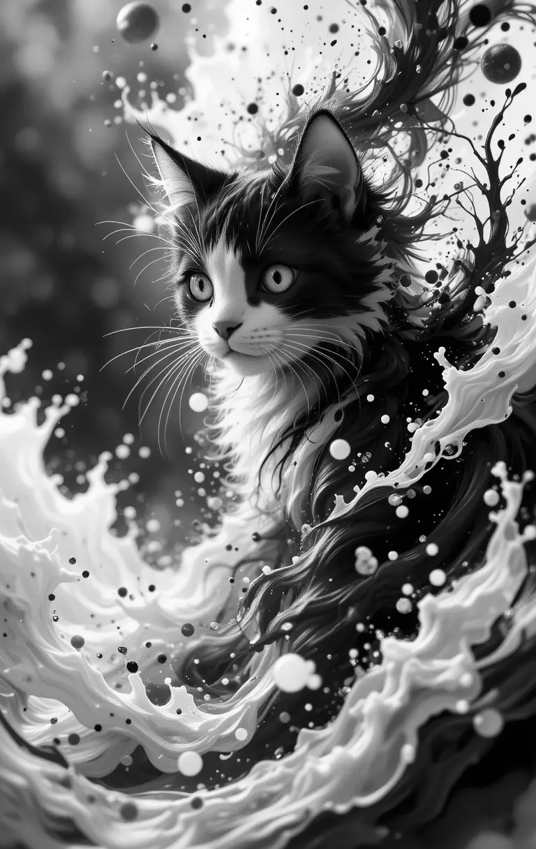 Monochrome ink drawing of a dynamic panoramic cat scene