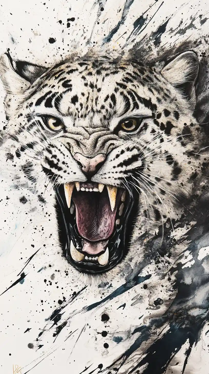Snow leopard leaping forward in abstract ink artwork