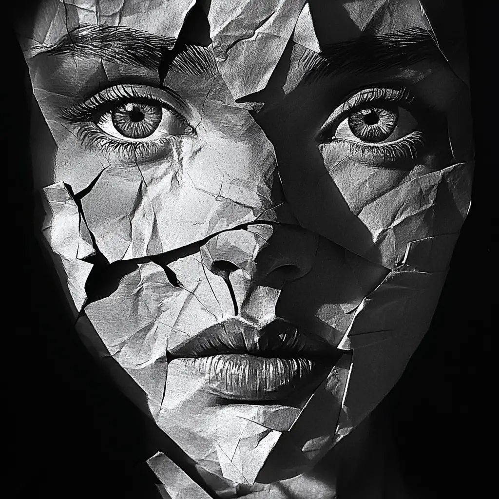 Close up origami face with deep folds and shadows