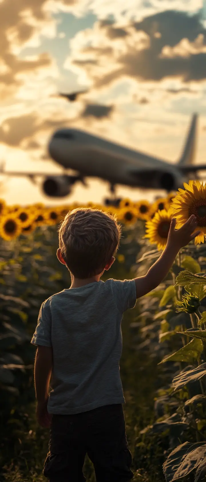 Young boy reaching for low flying airplane over sunflower field