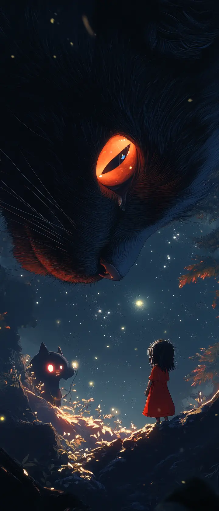 Black cat guarding a sleeping child with glowing lava eyes