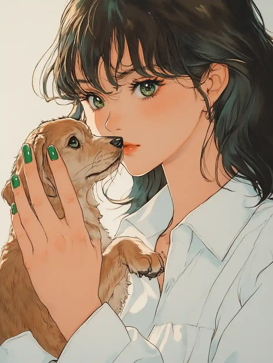 Anime brunette girl holding a puppy in blue tones