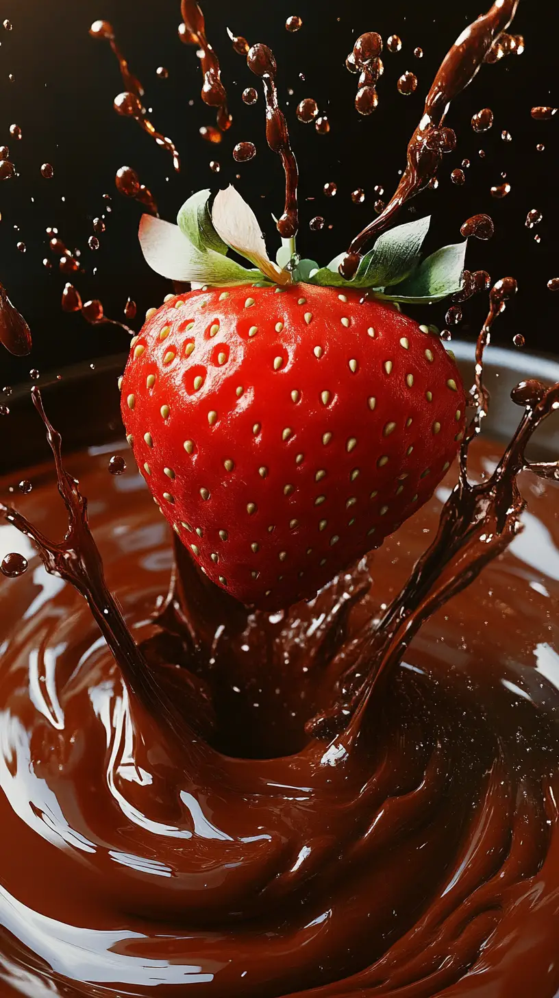 Ripe strawberry splashing into dark velvety chocolate