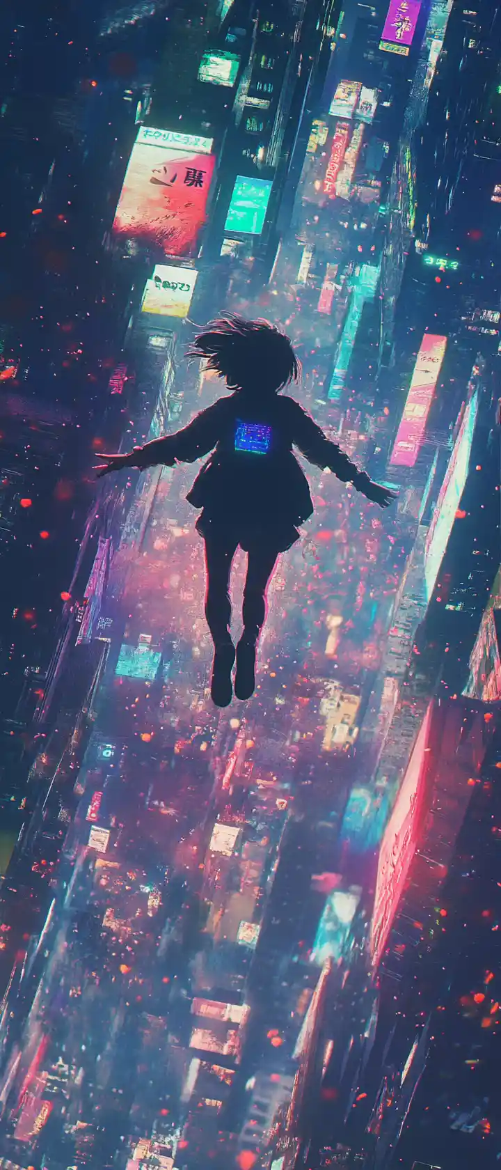 Futuristic anime delivery girl flying over neon Tokyo