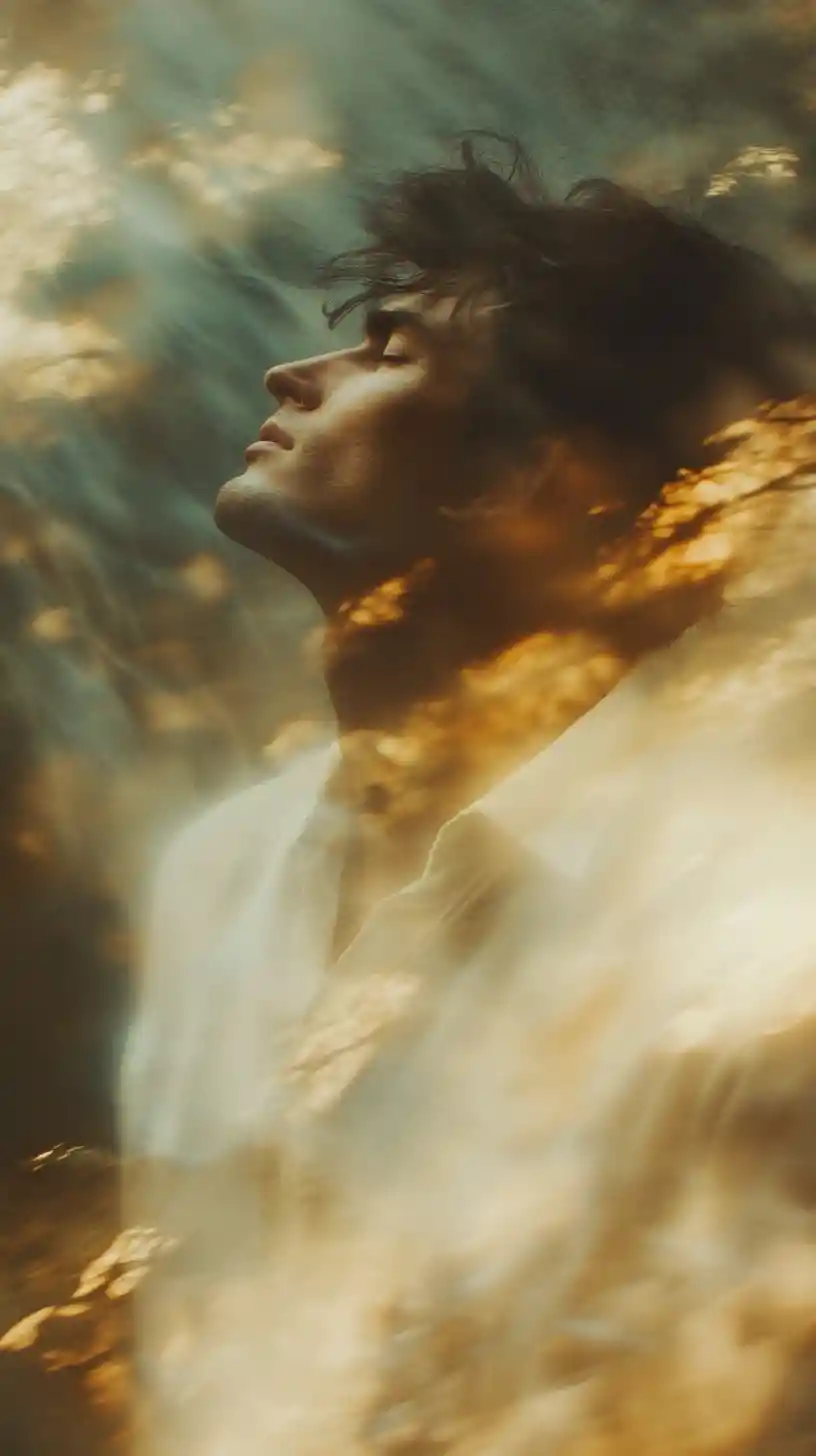 Melancholic man dancing with closed eyes in abstract space