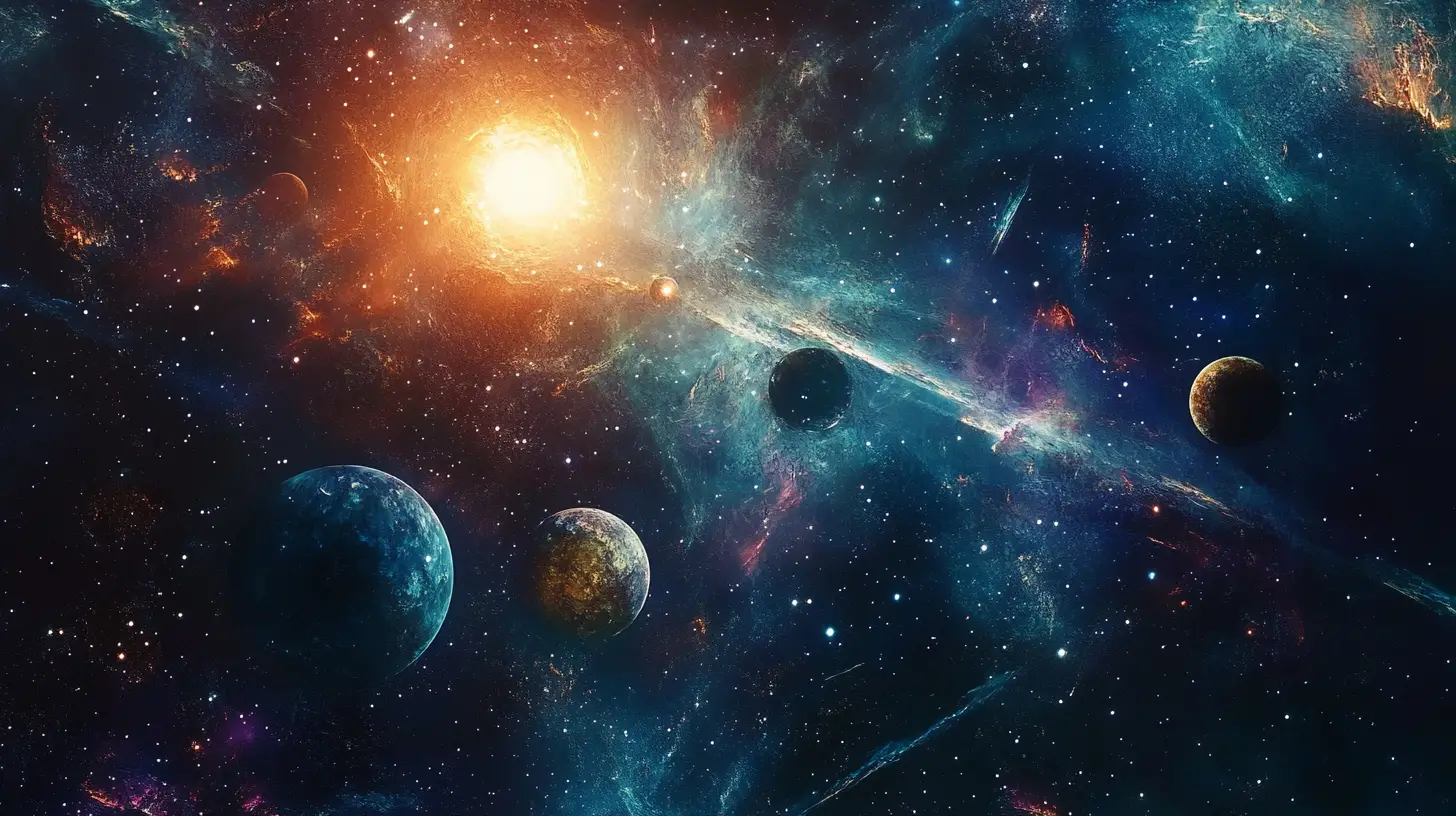 Fantasy planets and stars in a glowing cosmic galaxy