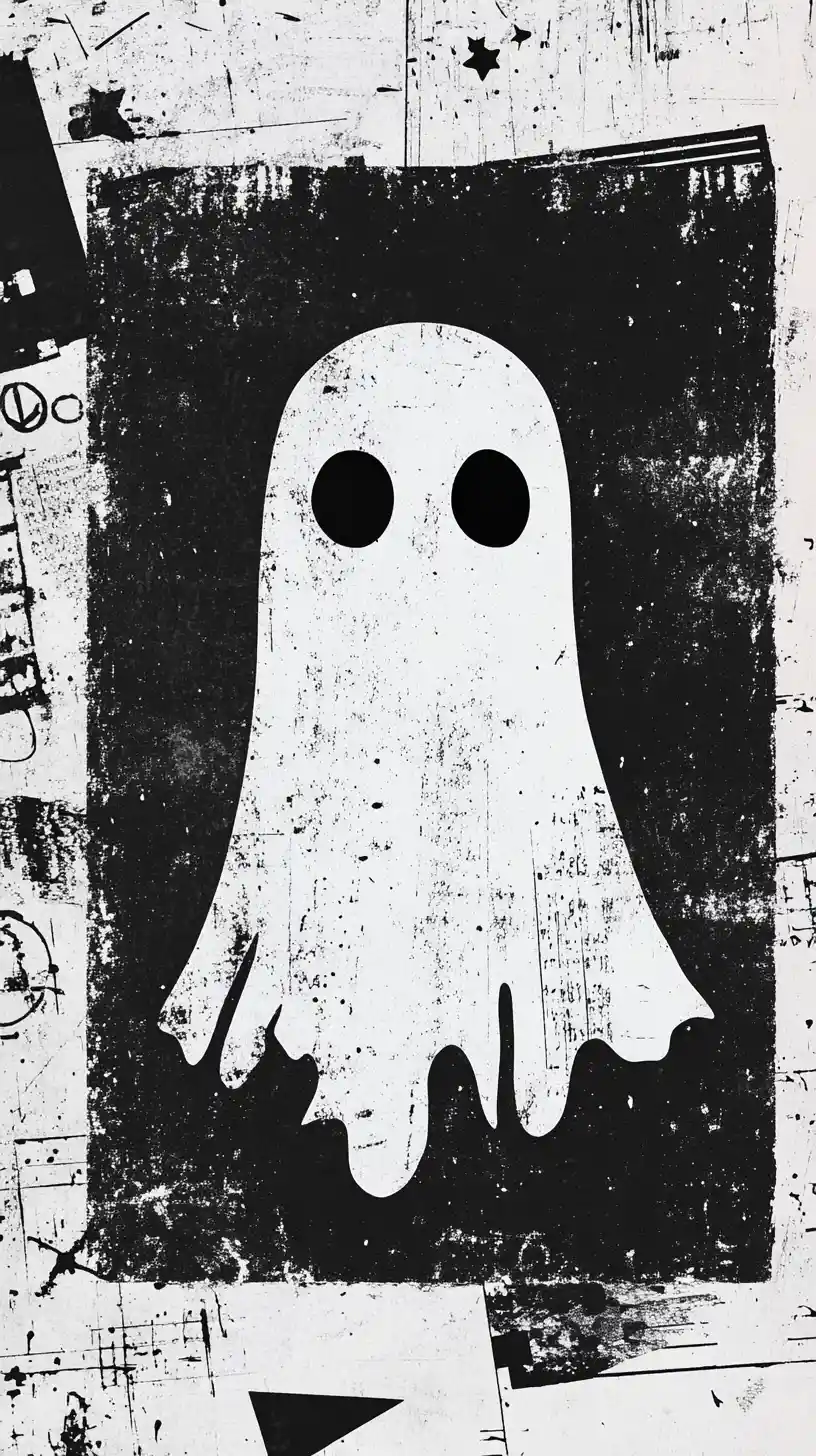 Pagina di fanzine xerox ad alto contrasto con fantasma fluttuante