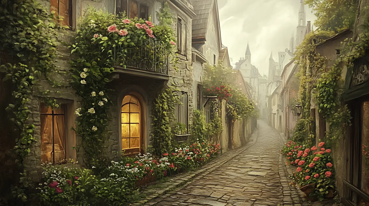 Fantastical ivy covered cottage alley in evening foggy city