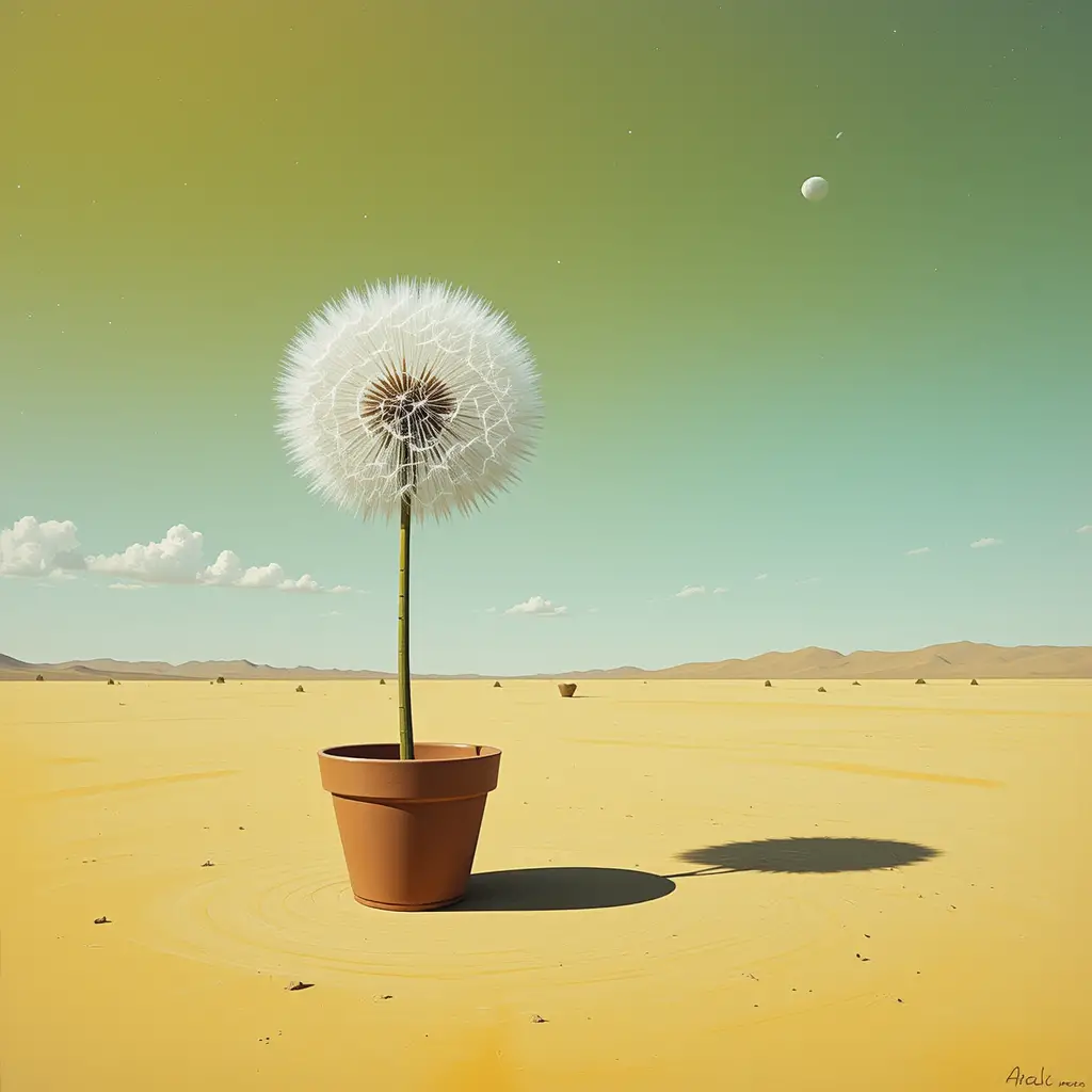 Surreal yellow desert with giant dandelion in flowerpot