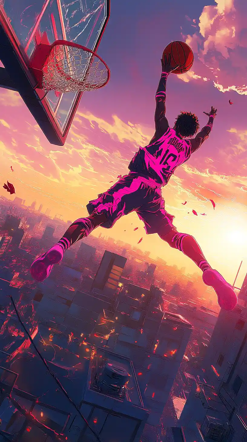 Neon pink robot slam dunk on rooftop city basketball court