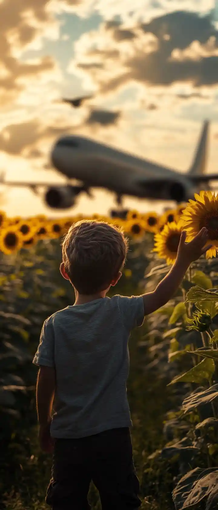 Young boy reaching for low flying airplane over sunflower field