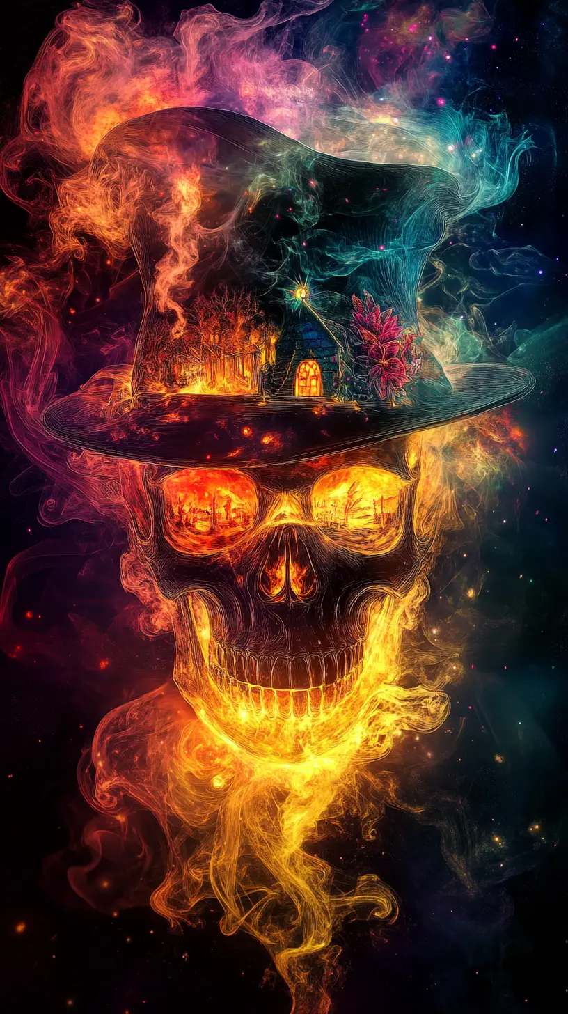 Neon skull with witch silhouette and burning rainbow smoke