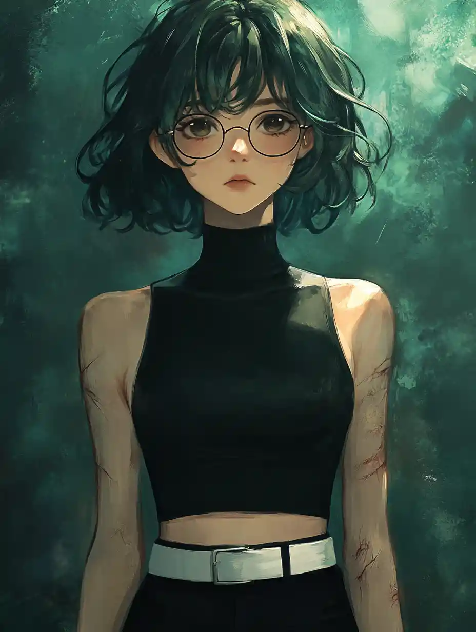 Scarred girl with glasses in black turtleneck illustration