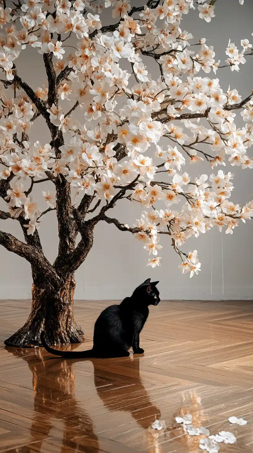 Black cat crouching on a flowering tree above wooden floor