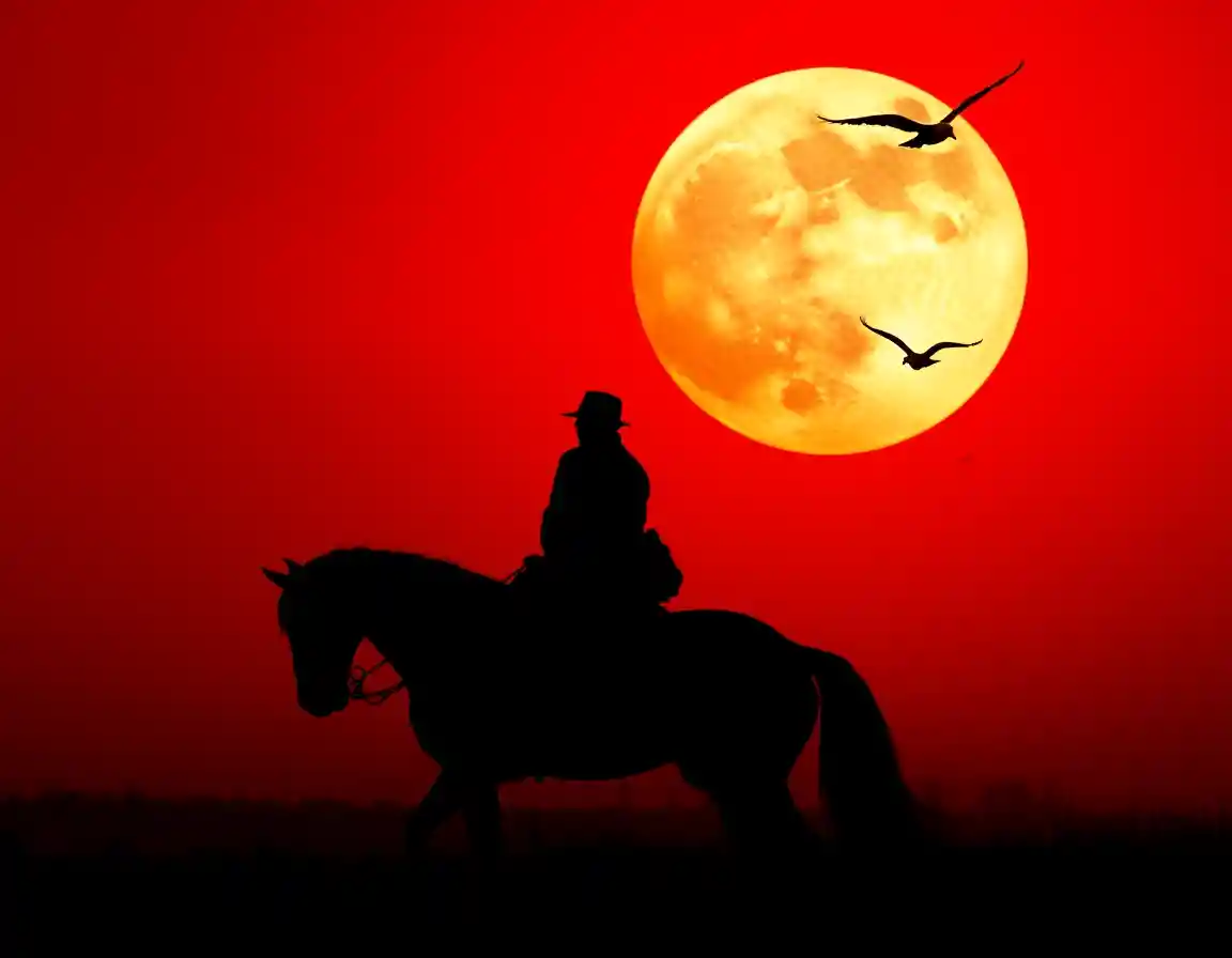 Rider Silhouette On Horse Against Red Moonlit Sky