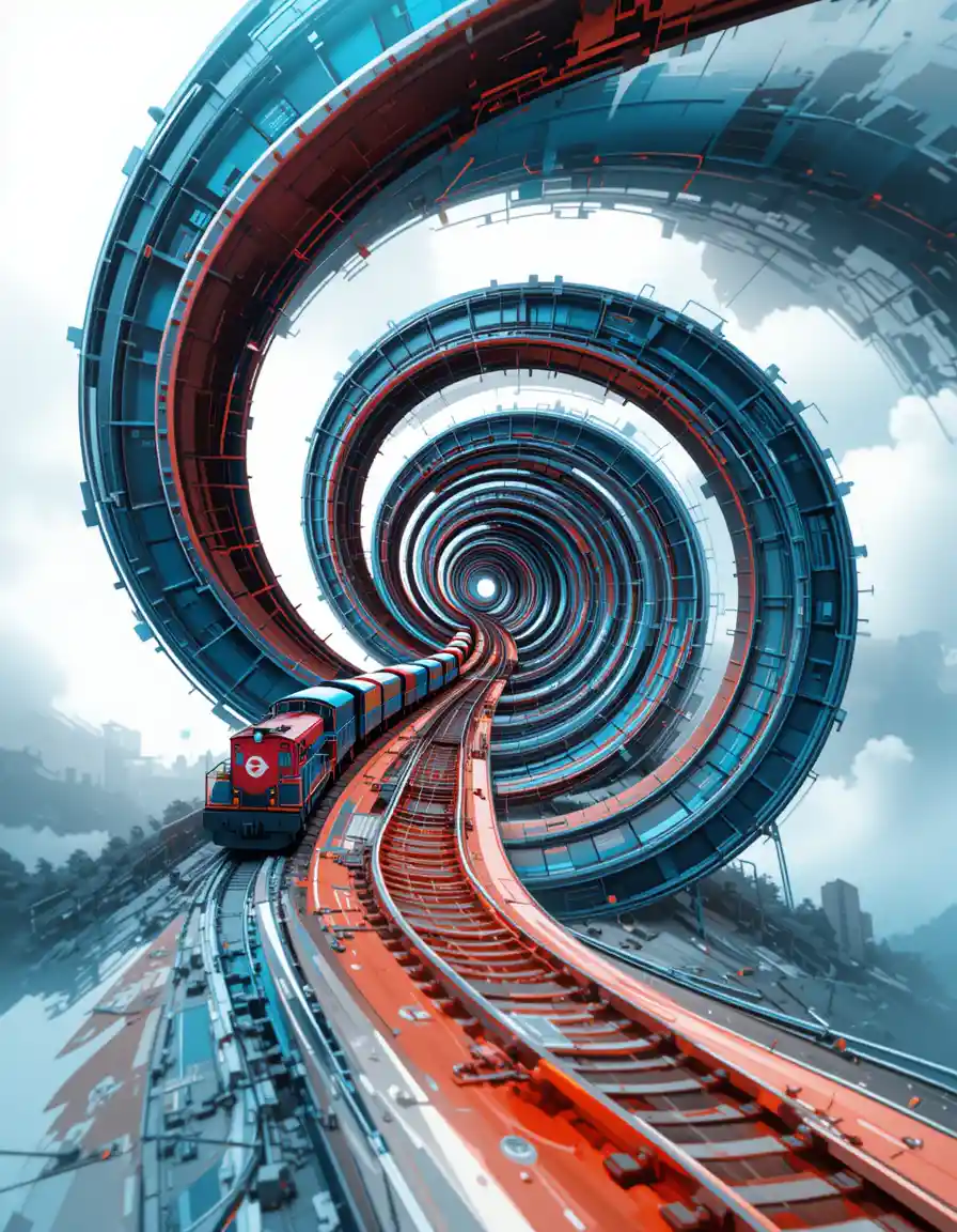Treno ferroviario a spirale su strada digitale astratta