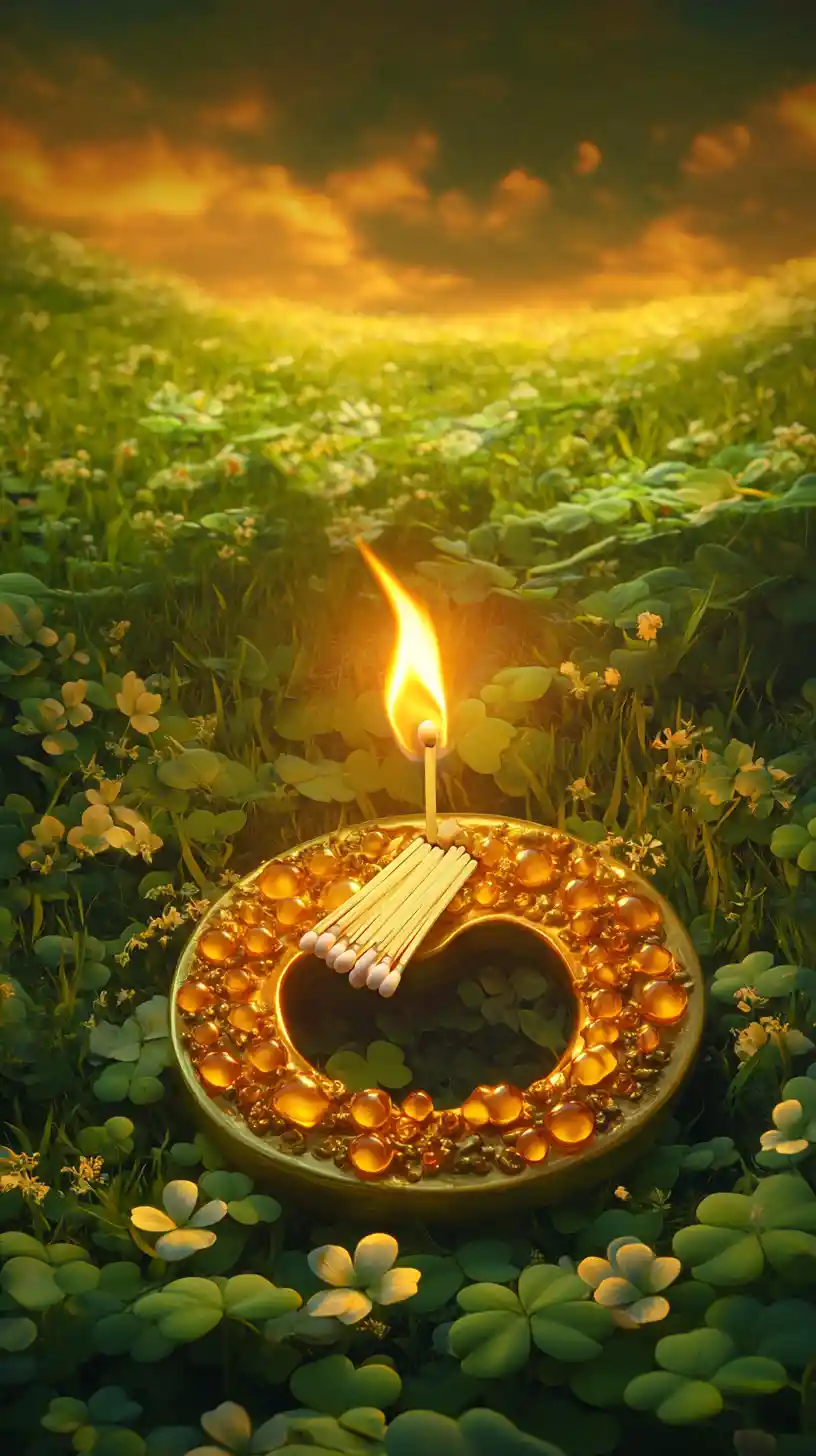 Golden horseshoe and matches in a lush clover meadow