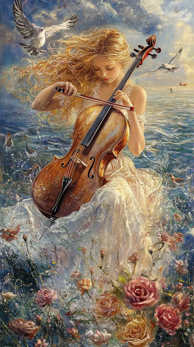 Woman Playing Cello By The Sea With Birds And Roses