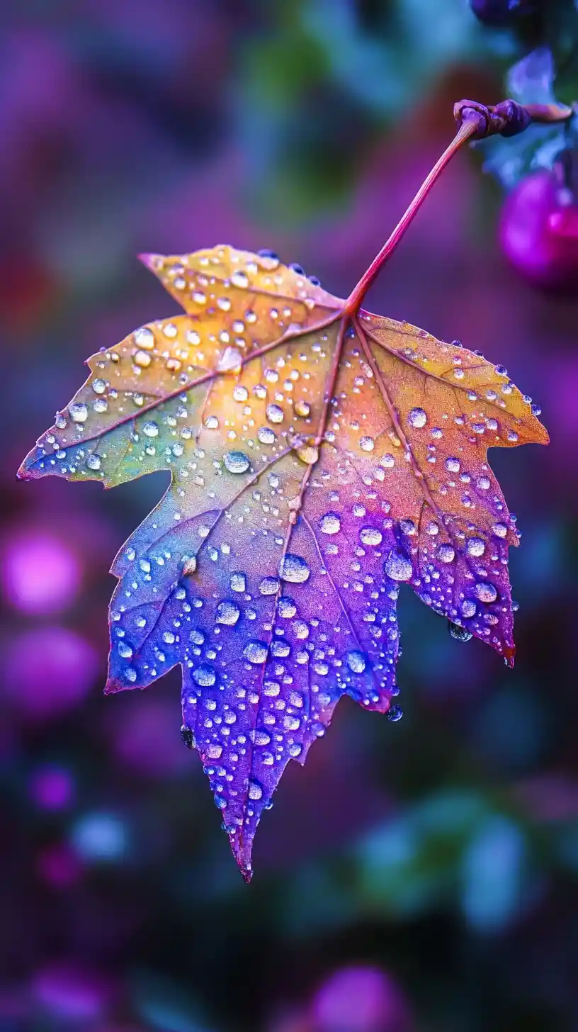 Colorful maple leaf with water droplets in soft focus