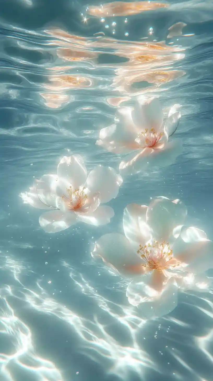 Underwater pastel flowers glowing in clear sunlit water