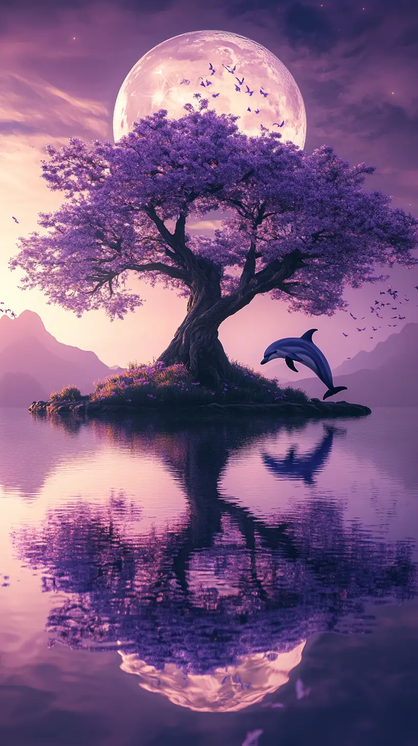 Purple tree reflected in a calm lake under full moon